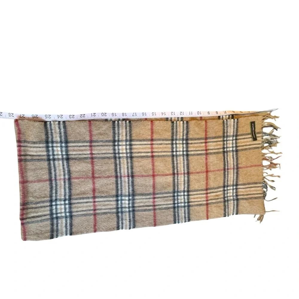 Joseph Abboud 100% Cashmere 55” Long Tan Multicolor Plaid Fringe Scarf I16